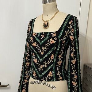 Free People Black and Green Floral Blouse